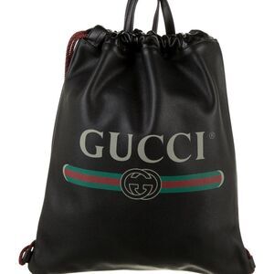 Gucci Logo Leather Drawstring Backpack with attached Wallet, Dust Bag NWT